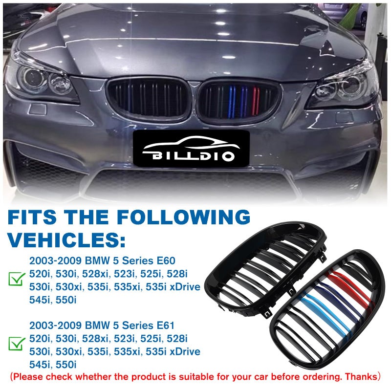 BILLDIO E60 Grille,Front Kidney M Color Grill Compatible with 2003-2009 BMW 5 series 520i,523i,525i,528i,530i,535i,550i,Double Slats 2Pcs - Image 4
